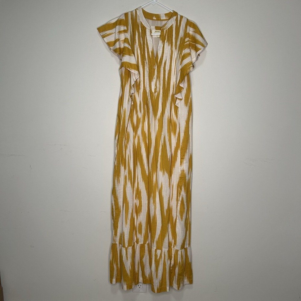 Maeve By Anthropologie Cassandra Maxi Dress XS Mustard Yellow Flutter Sleeve